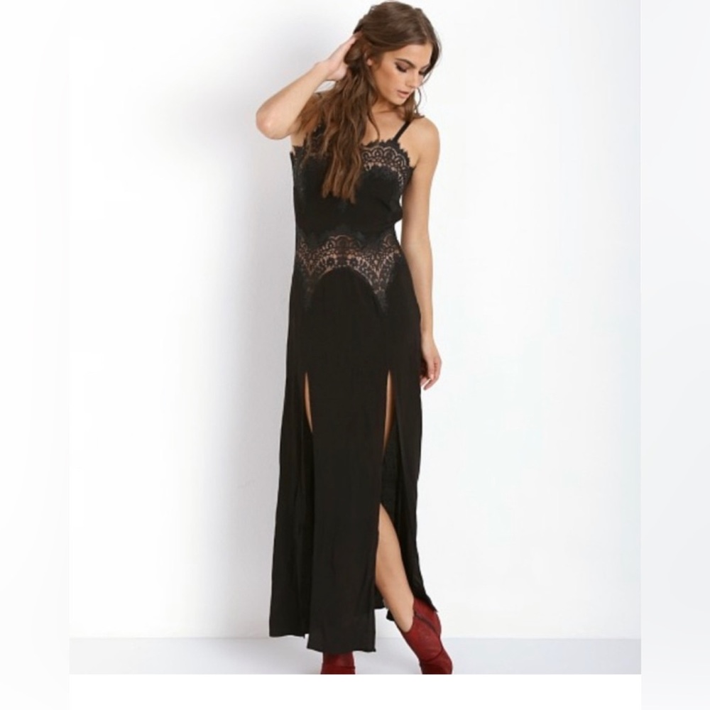 For love and lemons bourbon black lace maxi dress with slit
